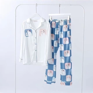 Bộ Pyjama Xước Mèo In Tay Dài Quần Dài