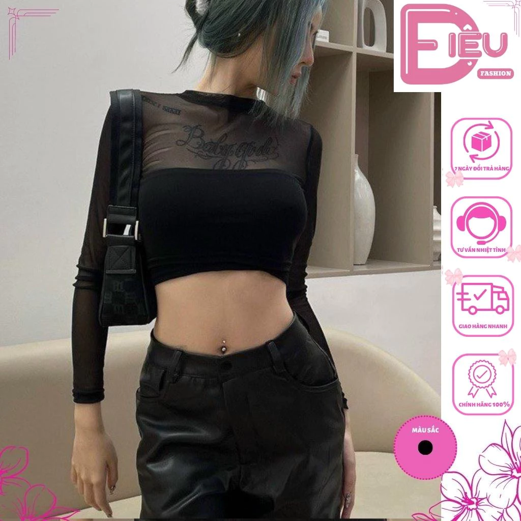 Áo croptop tay dài phối lưới phong cách sexy, Áo kiểu nữ Điệu Fashion khoe dáng tôn vòng hai - A9