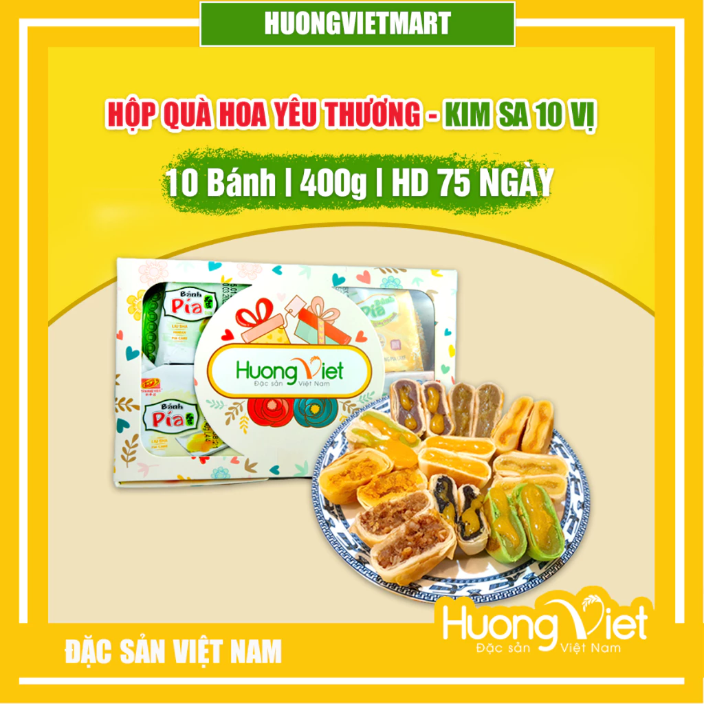 Bánh pía kim sa hộp HOA YÊU THƯƠNG 10 bánh 10 vị, bánh pía Tân Huê Viên Sóc Trăng, bánh pía mini
