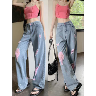 Quần jean nữ rách ống rộng hồng, quần jeans dài cạp cao vừa vặn siêu đẹp, xu hướng HOT TREND mới