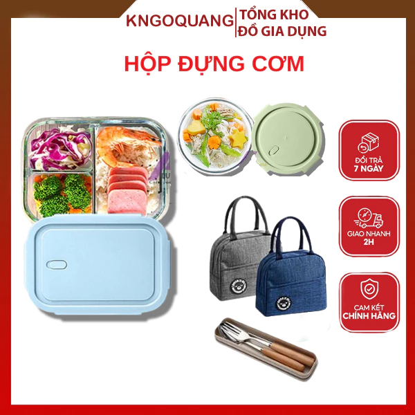 Hộp Cơm Văn Phòng Bằng Thủy Tinh Chia Ngăn Chống Tràn Dùng Được Trong Lò Vi Sóng, Hộp Đựng Cơm Trưa Nhỏ Gọn