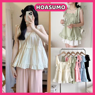 Áo kiểu nữ, Áo 2 dây babydoll chất thô lụa buộc nơ vai Hàn Quốc SA91 HOASUMO