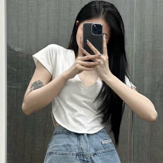 CỔ V TAY HẾN- ÁO CROPTOP DÁNG NGẮN COTTON ẢNH THẬT