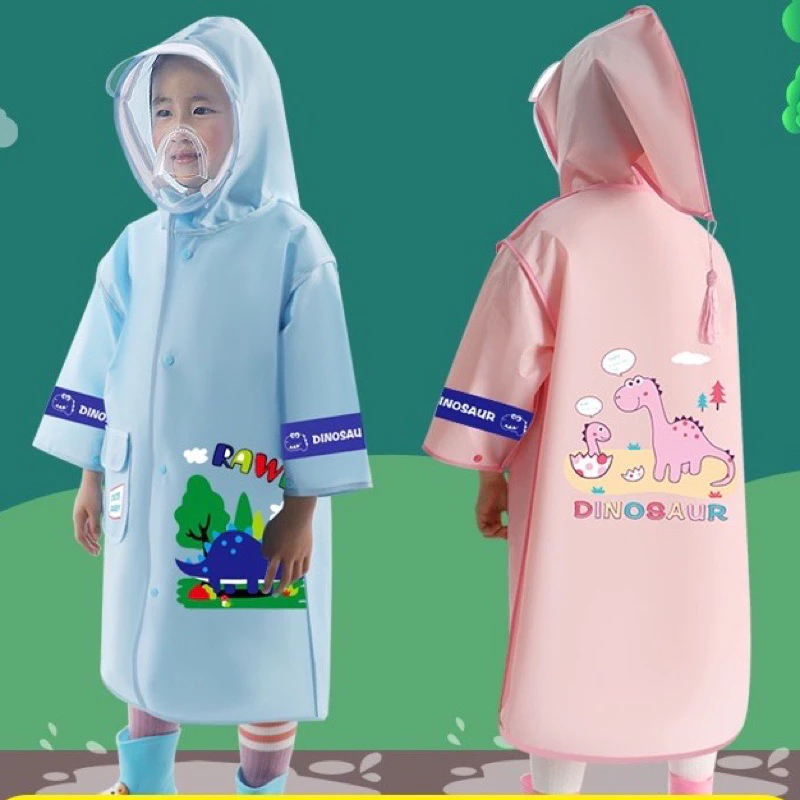 Áo mưa cho bé hình khủng long nhẹ mềm không mùi Còng thu nhỏ kiểu tua rua hoạt hình để dễ đeo mặt nạ bảo vệ thoáng khí