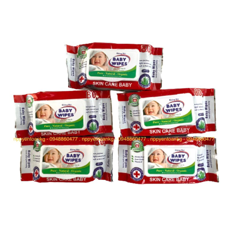 Combo 5 gói khăn ướt không mùi baby wipes 80g