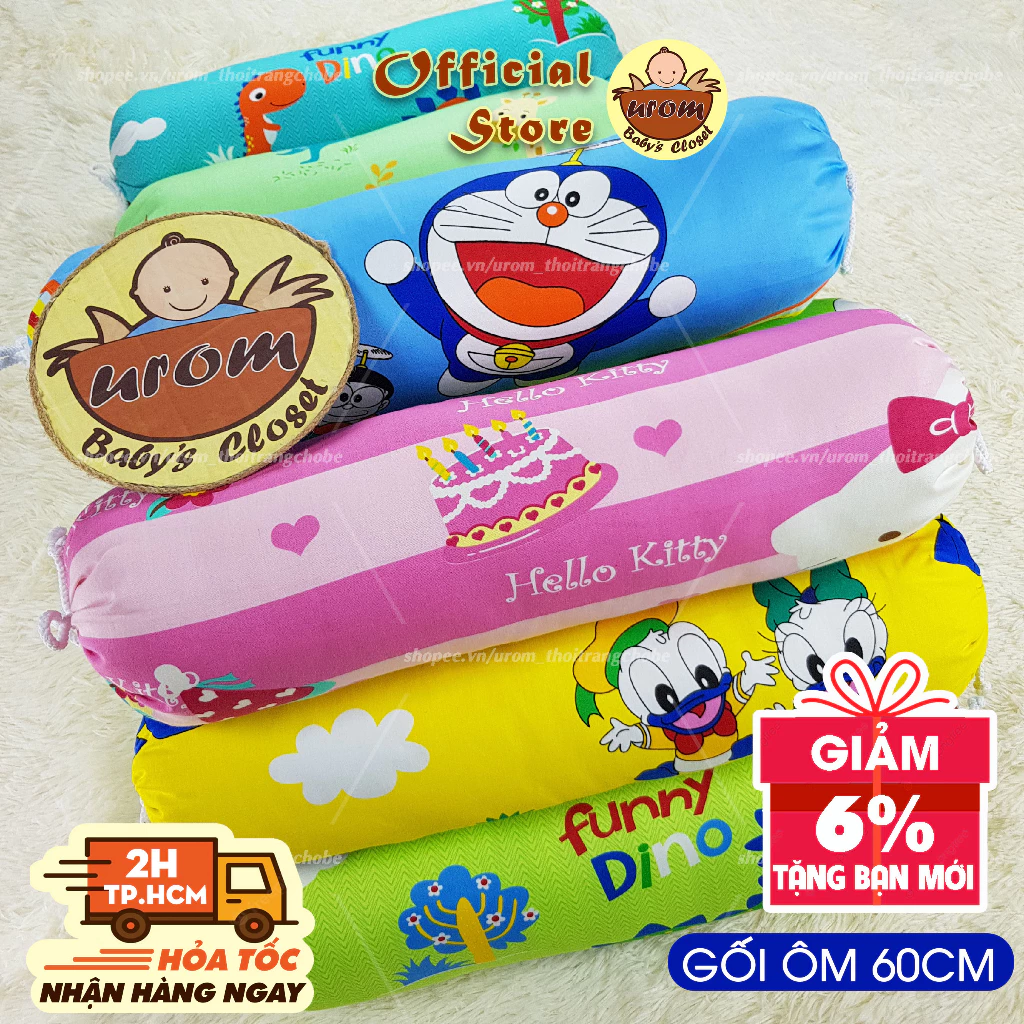 Gối ôm cho bé vải cotton Thắng Lợi 60cm vỏ gối mềm họa tiết hoạt hình dễ thương phù hợp trẻ em từ 1 tuổi