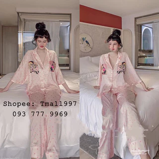 Pijama tay lỡ cánh dơi quần dài hình cô gái CLC lụa satin cao cấp quảng châu 1