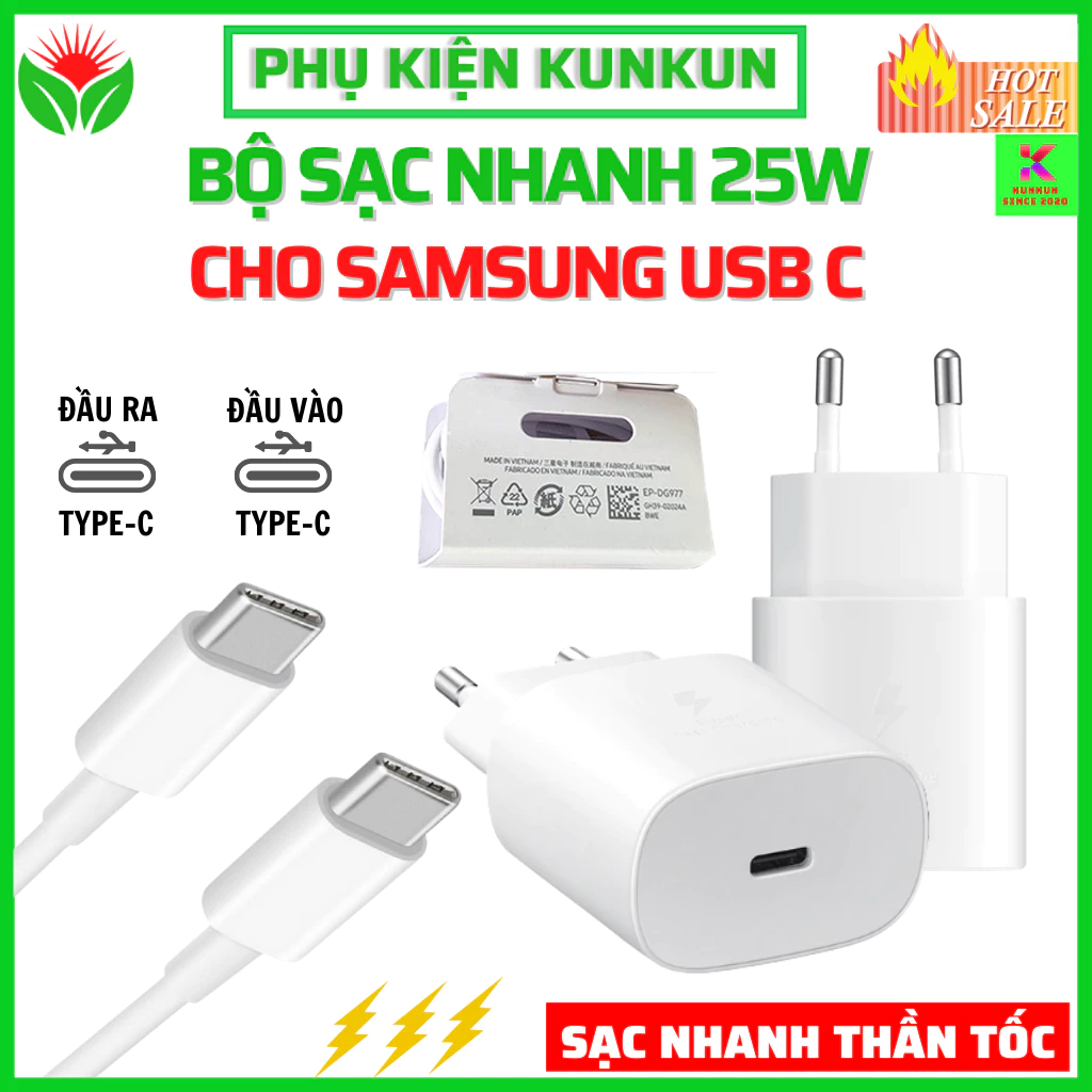 Bộ Sạc Samsung Type C 25W, Dây Cáp Sạc Type C Và Củ Sạc 25W Dùng Cho Điện Thoại, Máy Tính Bảng, Tai Nghe, Đồng Hồ