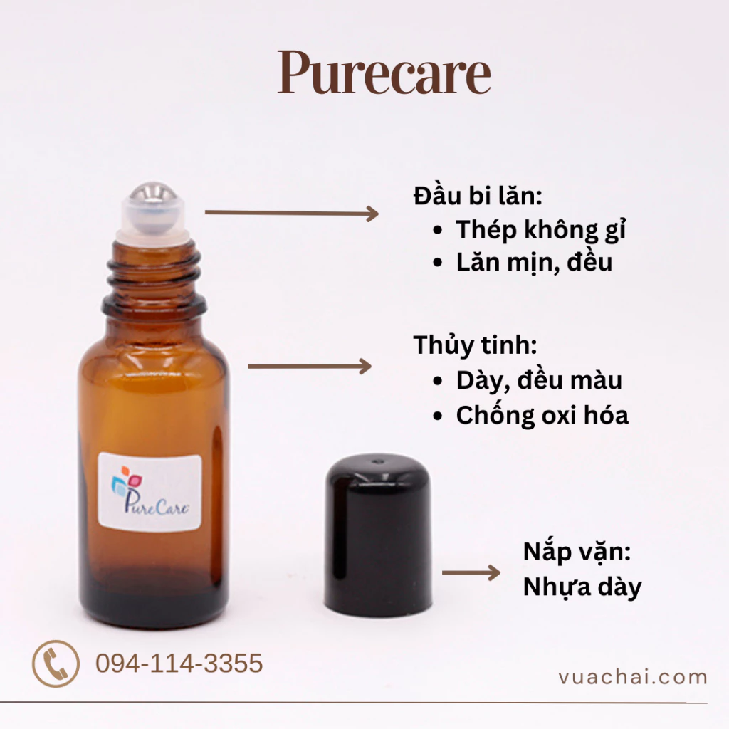 Chai bi lăn nâu 5ml 10ml 15ml 20ml 30ml 50ml 100ml cao cấp, chai thủy tinh dày chiết nước hoa tinh dầu serum