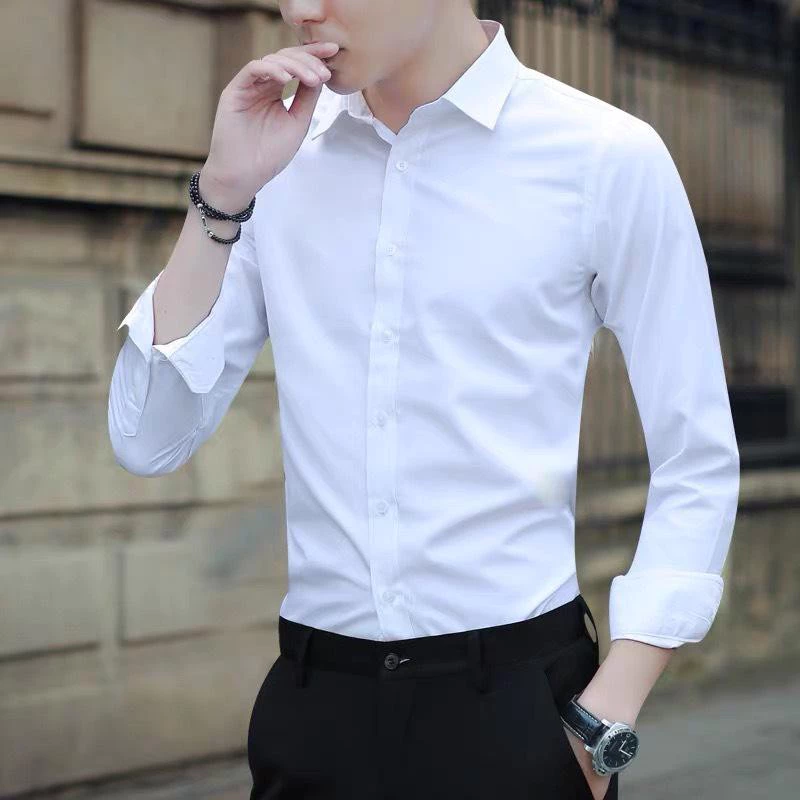 Áo sơ mi nam dài tay TH chất lụa trơn chống nhăn không xù co giãn nhẹ form Hàn Quốc