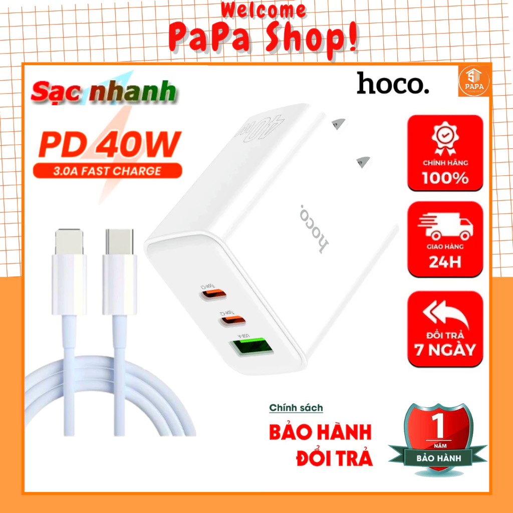 Bộ Sạc Nhanh PD 40W USB-C - Hàng chính Hãng Hoco C126 gồm 2 đầu type c PD20W và USB 3.0 (Bảo hành 12 tháng)