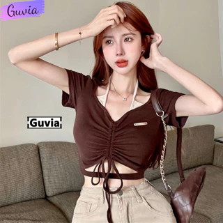 Áo Croptop YẾM LOGO RÚT DÂY Nữ Thun Borip Ulzzang Kiểu Ôm Body, Áo Choàng Cổ Phong Cách Sexy GUVIA CR144