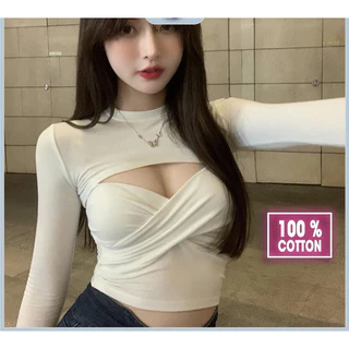 Áo croptop tay dài ôm body khoét ngực gợi cảm whitelies.store , crt cổ tròn trắng đen thun cotton 100% đẹp mềm mịn mát