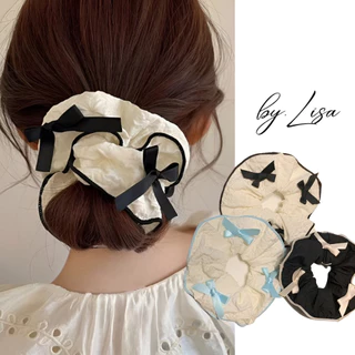 Dây Cột Tóc Scrunchies To đính nơ, Dây Buộc Tóc Bèo Nhún phong cách Tiểu Thư Sang Trọng, Cột tóc đuôi ngựa