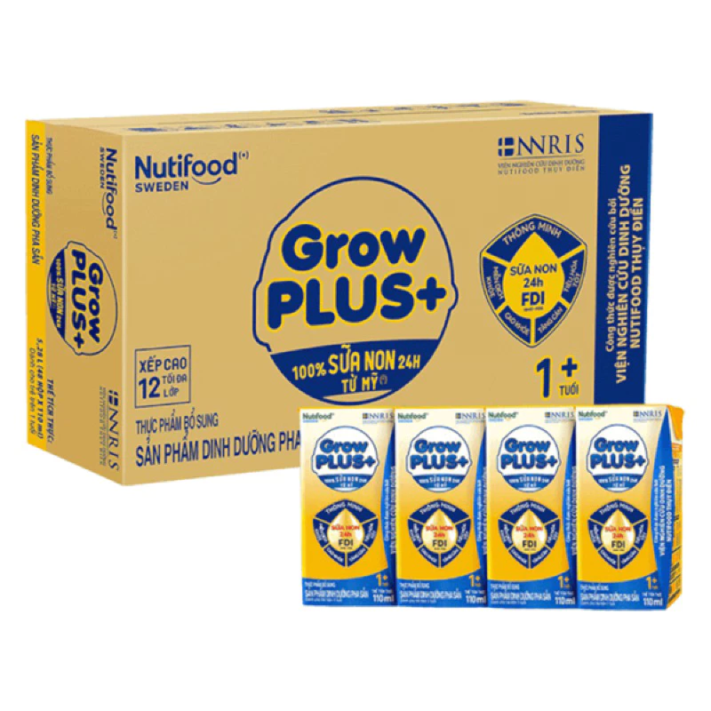 Thùng 48 hộp sữa bột pha sẵn Nutifood Growplus vàng Sữa non 110ml