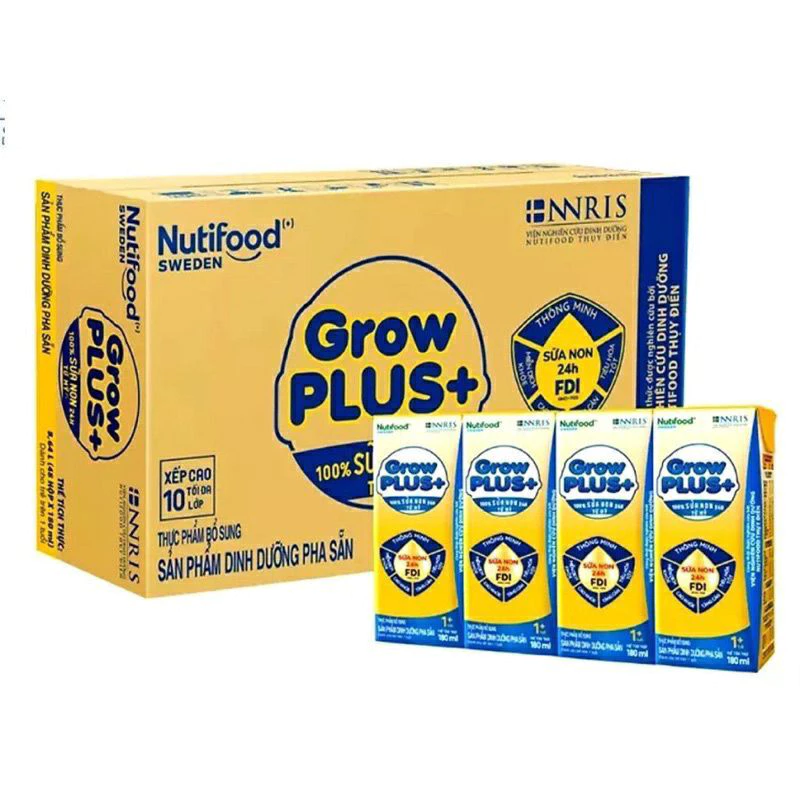 Thùng 48 hộp sữa bột pha sẵn NutiFood Growplus vàng Sữa non 180ml