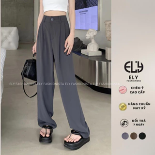 Quần ống rộng nữ dáng đứng suông dài culottes xếp ly lưng cạp cao vải chéo Ý cao cấp không nhăn ELY275