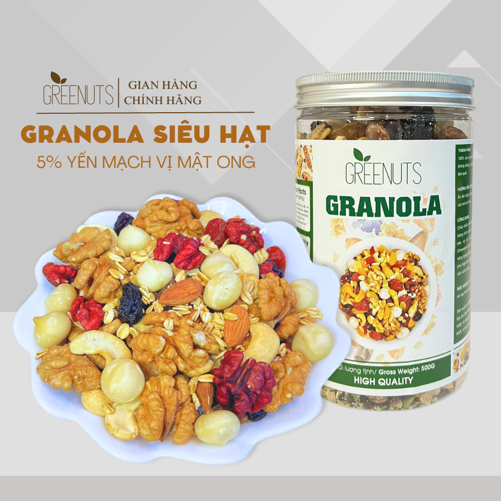 Granola 5% Yến Mạch Vị Mật Ong GREENUTS Ngũ Cốc Mix Hạt Giảm Cân 500G