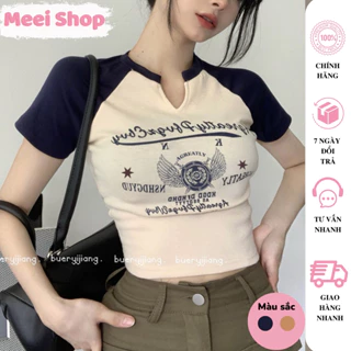 Áo croptop nữ MeeiShop ngắn tay cổ tròn in họa tiết cá tính hàn quốc, Áo kiểu nữ ôm body cá tính -A22-