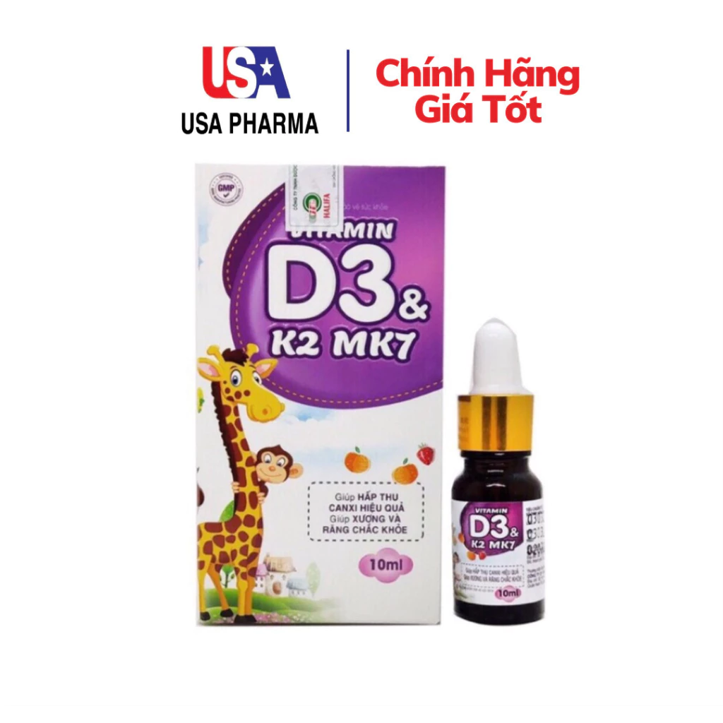 Vitamin D3 K2 Mk7 nhỏ giot giúp bé hấp thụ tăng trưởng chiều cao, cân nặng, chống còi xương, suy dinh dưỡng - Lọ 10ml