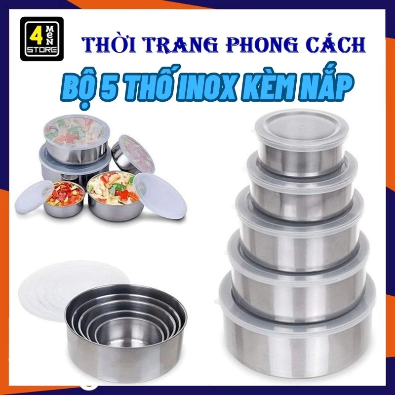 Bộ 5 Bát INOX Cao Cấp Kèm Nắp Đậy Silicon Bảo Quản Thực Phẩm , Đựng Đồ Ăn Tiện Lợi - Set 5 Thố Inox Đựng Thực Phẩm