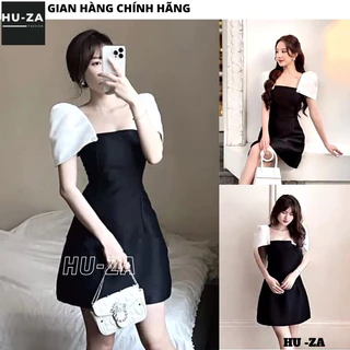 Váy tafta đen phối tay bồng cộc trắng đính ngọc Đầm nữ cổ vuông dáng xòe ngắn chữ A sang chảnh HUZA V132