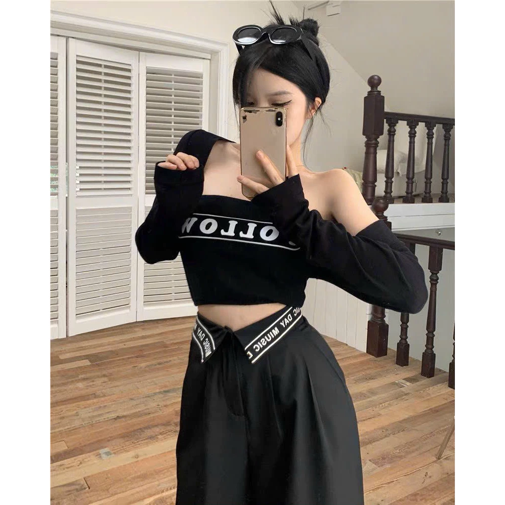 Set đồ bộ 3 món thời trang nữ áo ống kiểu croptop chữ in FOLLLOW kèm áo khoác tay dài phối quần dài ống suông lưng cao