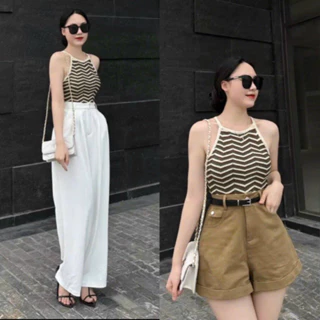 Áo Tank Top Dệt Kim Dáng Ôm In Kẻ Sọc Thiết Kế Ngọt Ngào Cho Nữ