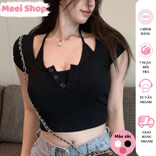 Áo croptop nữ ngắn tay cổ yếm Meei Shop, Áo kiểu nữ phối nút phong cách dễ thương nhiều màu (kèm hình thật) -A77-