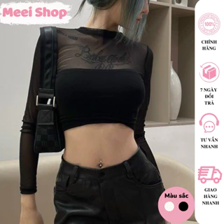 Áo croptop tay dài phối lưới cổ tròn Meei Shop, Áo kiểu nữ phong cách phối lưới quyến rũ cá tính -A76-