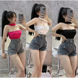 áo ống choàng cổ có mút ngực fom croptop ngắn trên rún