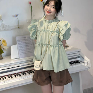 Áo kiểu nữ áo sơmi babydoll màu pastel chất đũi gân có tay cánh tiên BCTTB0666