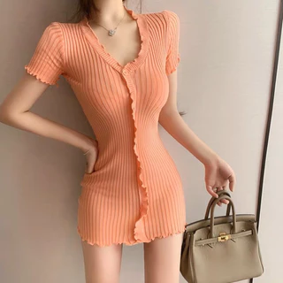 Gaeul store- đầm váy len dệt kim tăm mix viền bèo