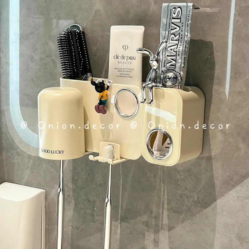 Bộ nhả kem đánh răng + giá để cốc bàn chải kèm charm nơ
