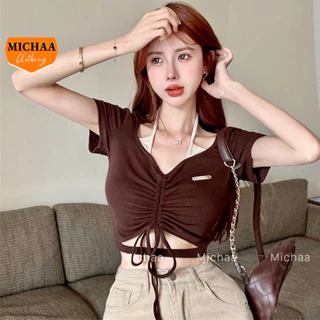 Áo Croptop YẾM LOGO RÚT DÂY Nữ Thun Gân Ulzzang Kiểu Ôm Body, Áo Choàng Cổ Phong Cách Sexy Thời Trang MICHAA CR144