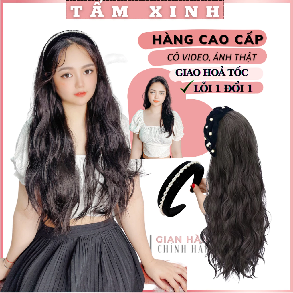 Tóc giả nửa đầu nữ đẹp, có gắn bờm cao cấp TẤM XINH - Bộ tóc giả nửa đầu kiểu xù mỳ gắn bờm trang trí