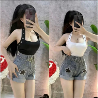 Áo croptop yếm choàng cổ phối khuy có mút fom ngắn trên rún