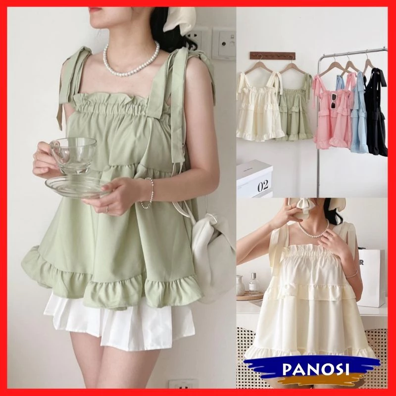 Áo 2 dây bánh bèo áo babydoll thắt nơ vai thiết kế dáng babydoll Hàn Quốc PANOSI - A91