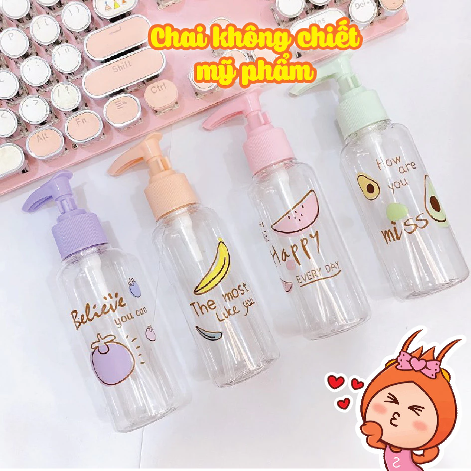Chai không dạng vòi nhấn chiết mỹ phẩm du lịch 100ml có nút bảo vệ nhiều màu có in hình cute