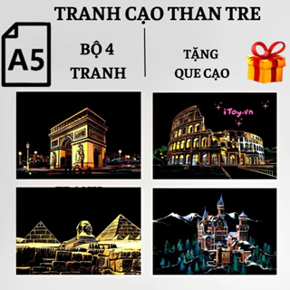 Tranh Cạo Than Tre Hàn Quốc khổ A5 - Tranh cào tự làm hình phong cảnh (1 set gồm 4 tranh)