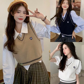 (có giá sỉ) Áo gile ulzzang học sinh cổ V viền đính kèm logo sang trọng, Gile len nữ basic dễ phối đồ QK-014