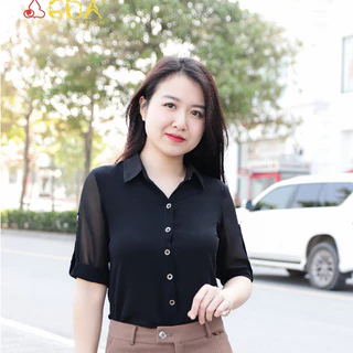 Áo sơ mi đuôi tôm công sở nữ GDA COLLECTION tay lỡ, chất voan lụa 2 lớp mềm mịn, co dãn, thoáng mát tông màu đen