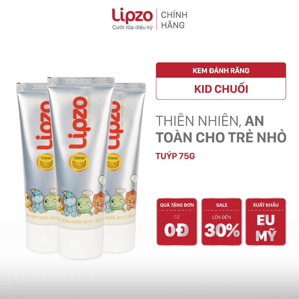 [Combo 3] Kem Đánh Răng Trẻ Em LIPZO Vị Chuối 75g An Toàn Nuốt Được Dành Cho Trẻ Em