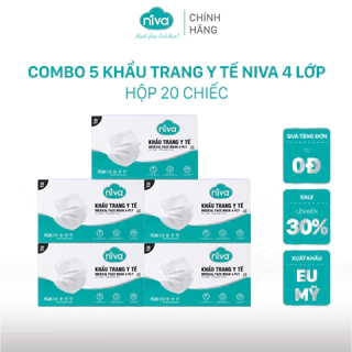 [Combo 5] Hộp Khẩu Trang Niva Y Tế 4 Lớp Hộp 20 Cái Kháng Khuẩn, Ngăn Khói Bụi, Vi Khuẩn Hàng Chính Hãng Cao Cấp