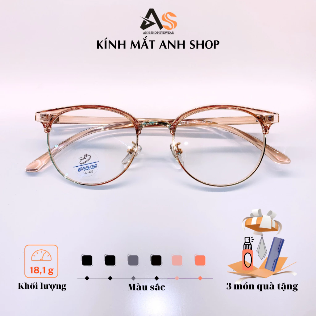 Gọng kính cận tròn nam nữ chất liệu nhựa dẻo kết hợp kim loại nhận cắt tròng cận viễn loạn 6214A