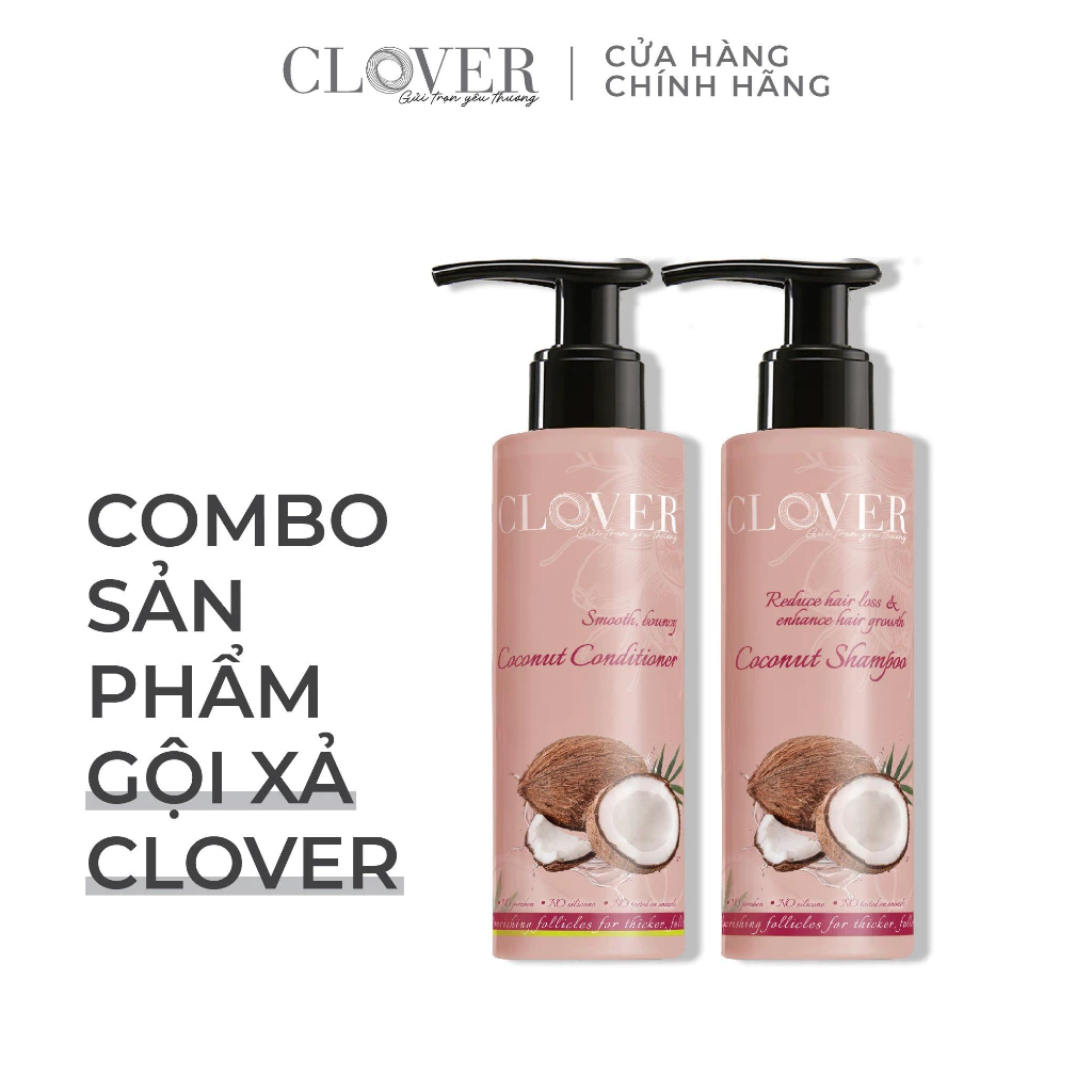 Combo DẦU GỘI - DẦU XẢ Clover size du lịch (tinh dầu Dừa thiên nhiên, kích thích mọc tóc, dưỡng ẩm, phục hồi hư tổn)