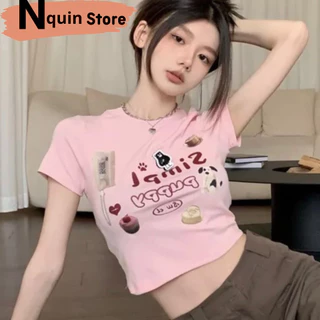 Áo croptop nữ tay ngắn cổ tròn với chất thun cotton dày dặn thiết kế áo ôm body,in hoạ tiết nhí cực xinh Nquin Store