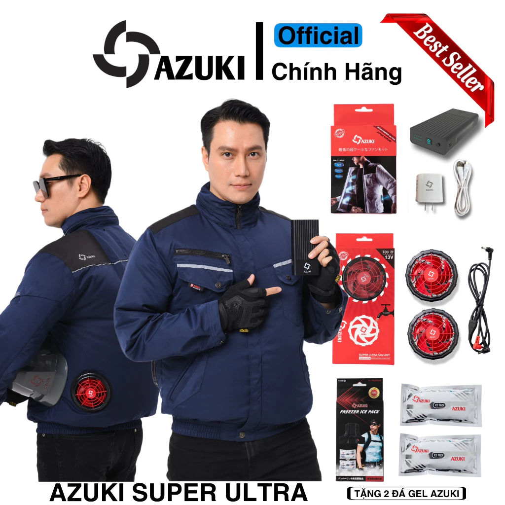 Áo Quạt Gió Điều Hoà Nhật Bản AZUKI SUPER ULTRA 2024 Chất Lượng Quạt 13V Siêu Mạnh Pin 24000-26000mah Có Đèn Chiếu Sáng