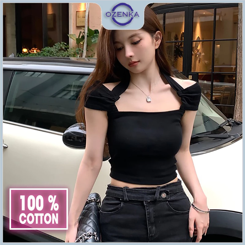 Áo croptop nữ trễ vai sexy ôm body ozenka , áo crt kiểu gợi cảm mặc được 2 kiểu chất cotton màu đen trắng