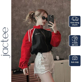 Áo Khoác Dù Lửng Croptop Nữ 2 Lớp Phối Sọc Tay Jactee